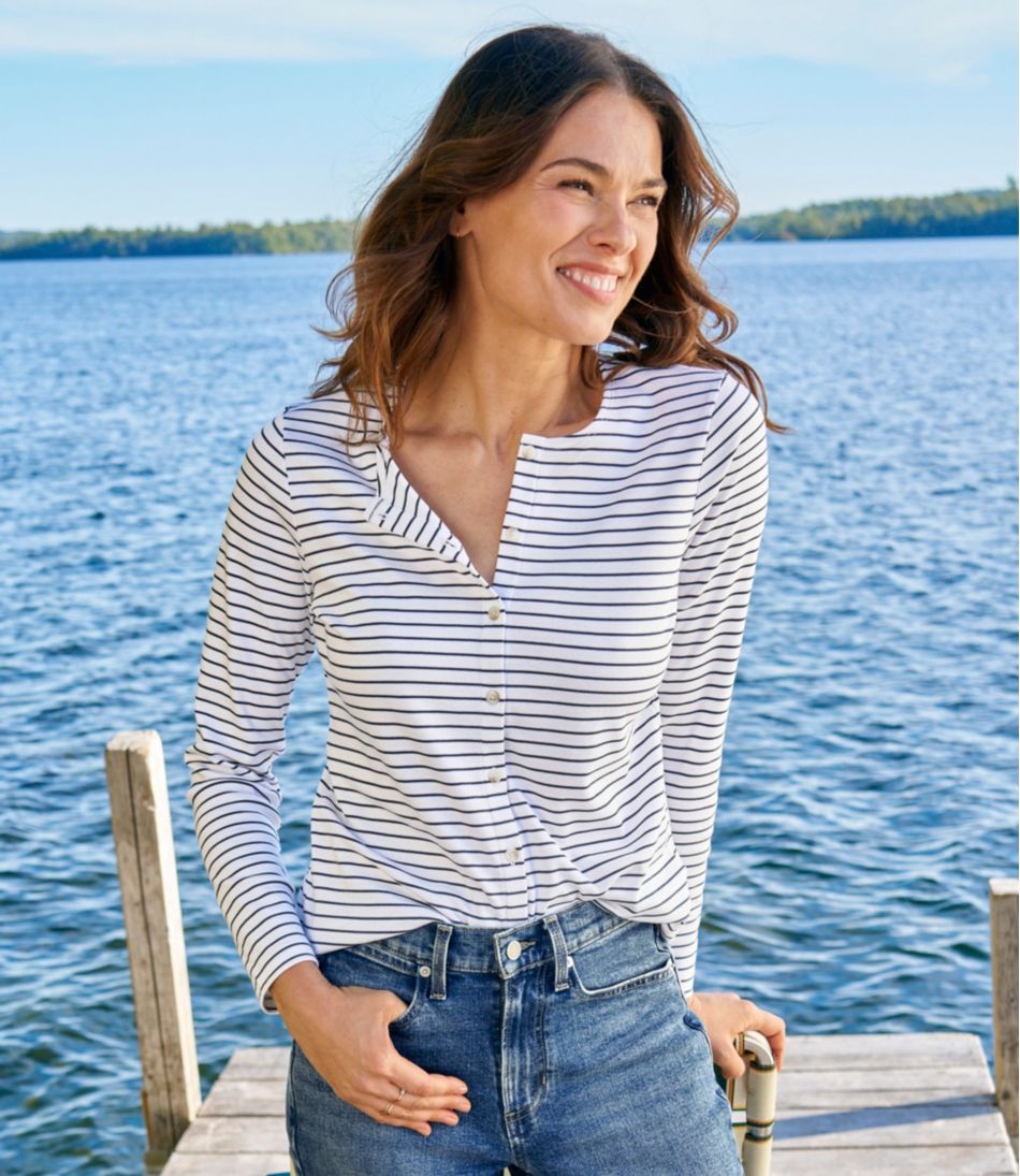 Women's Pima Cotton Tee, Long-Sleeve Crewneck Cardigan Stripe | L.L.Bean