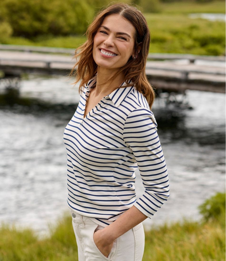 Women's Pima Cotton Tee, Three-Quarter-Sleeve Polo Stripe | L.L.Bean