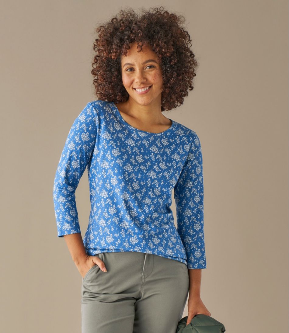 Women's Pima Cotton Shaped Jewelneck Tee, Three-Quarter-Sleeve Print | L.L.Bean