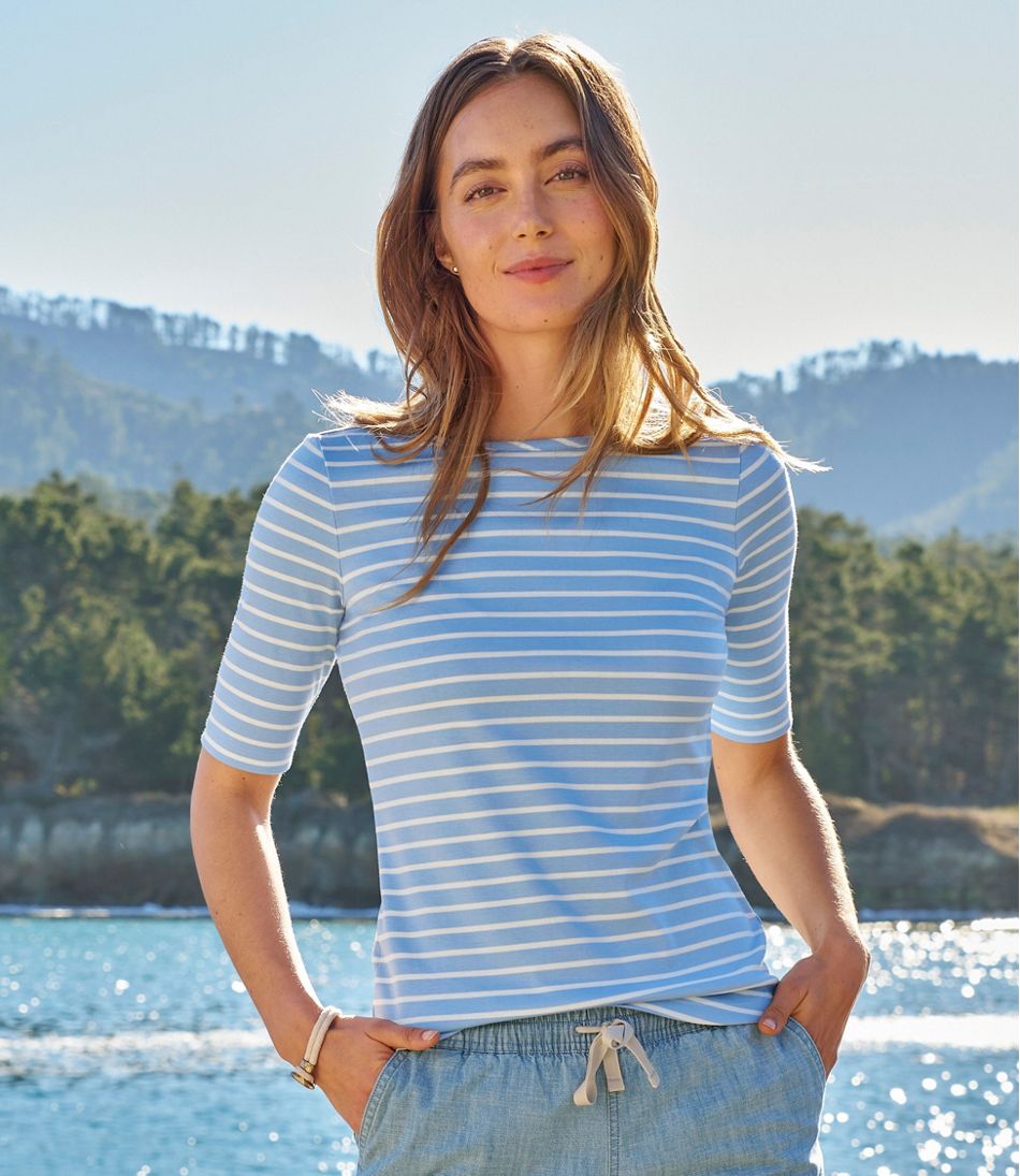 Women's Pima Cotton Tee, Elbow-Sleeve Boatneck Stripe | L.L.Bean