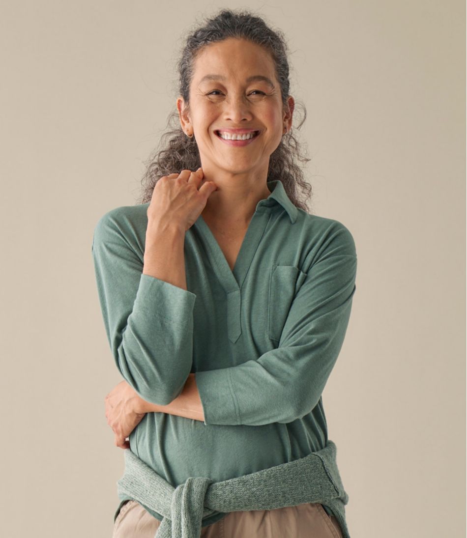 Women's Linen/Cotton Tee, Three-Quarter-Sleeve Splitneck Polo | L.L.Bean