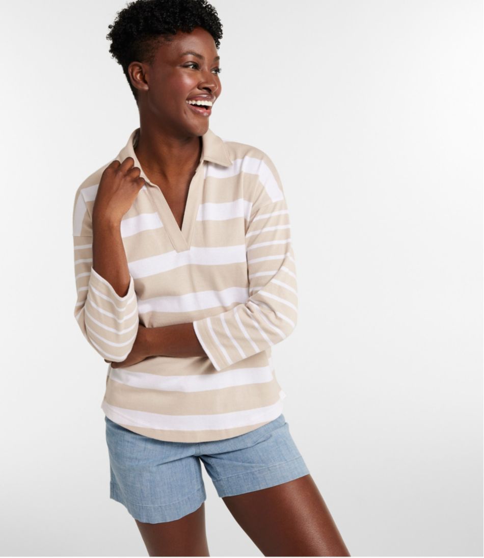Women's Heritage Mariner Top, Splitneck Polo Three-Quarter-Sleeve, Block Stripe | L.L.Bean
