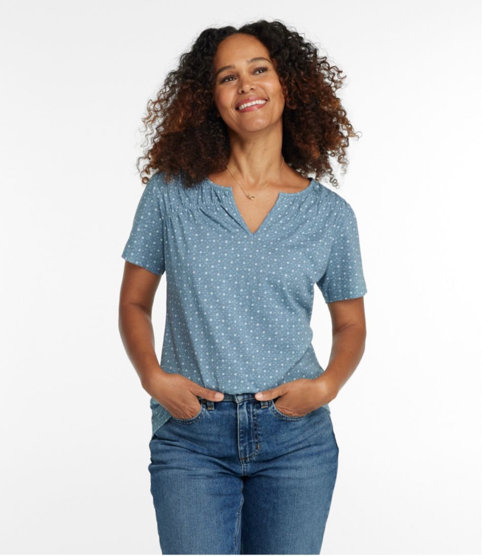 Women's Organic Cotton Tee, Smocked Notch-Neck Short-Sleeve Print | L.L.Bean