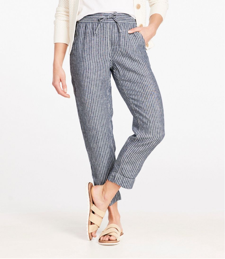 Women's Premium Linen Pull-On Ankle Pants, Mid-Rise Tapered-Leg Stripe | L.L.Bean