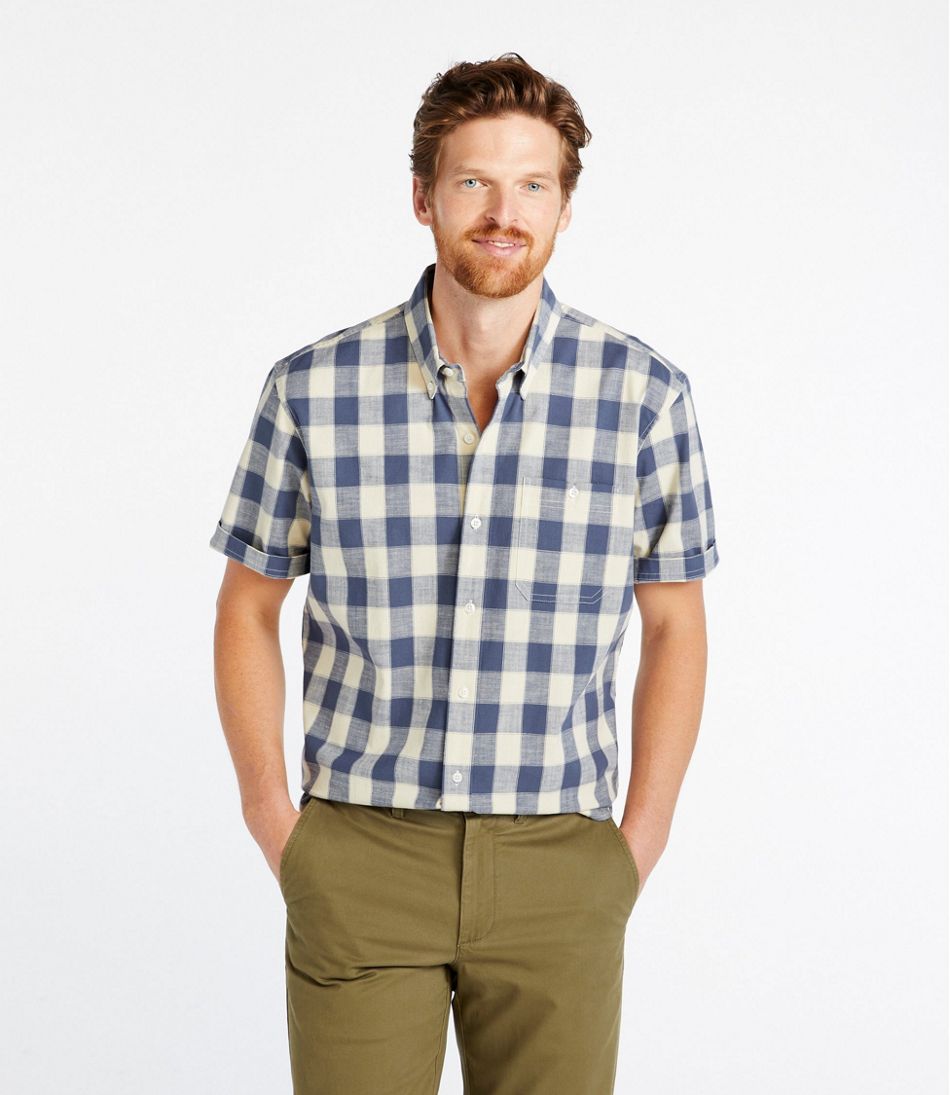 Men's Comfort Stretch® Chambray Shirt, Traditional Untucked Fit, Short-Sleeve, Plaid | L.L.Bean