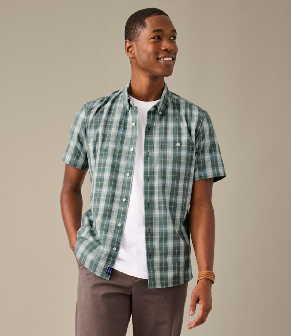 Men's Comfort Stretch® Chambray Shirt, Slightly Fitted Untucked Fit, Short-Sleeve, Plaid | L.L.Bean