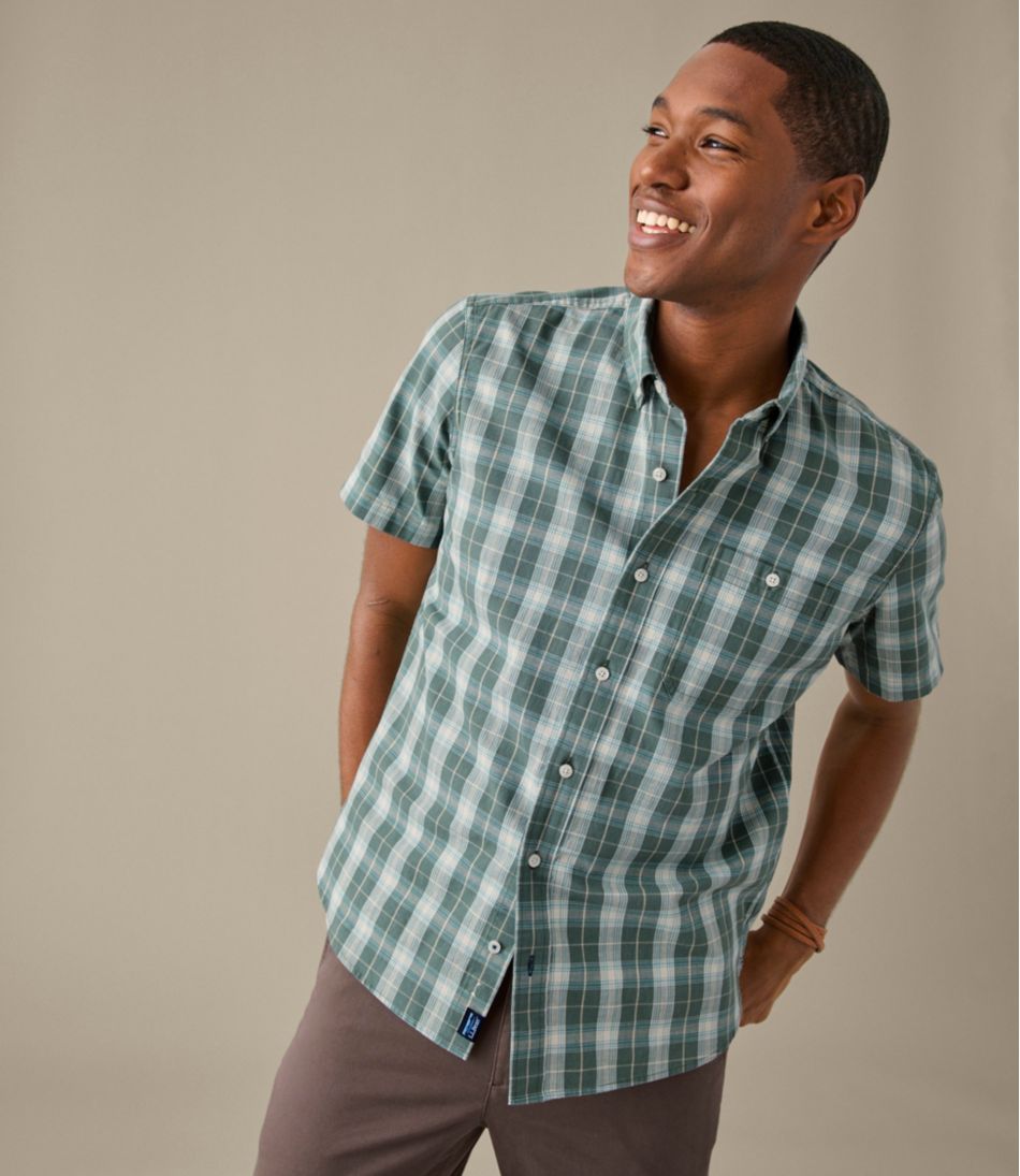 Men's Comfort Stretch® Chambray Shirt, Slightly Fitted Untucked Fit, Short-Sleeve, Plaid | L.L.Bean